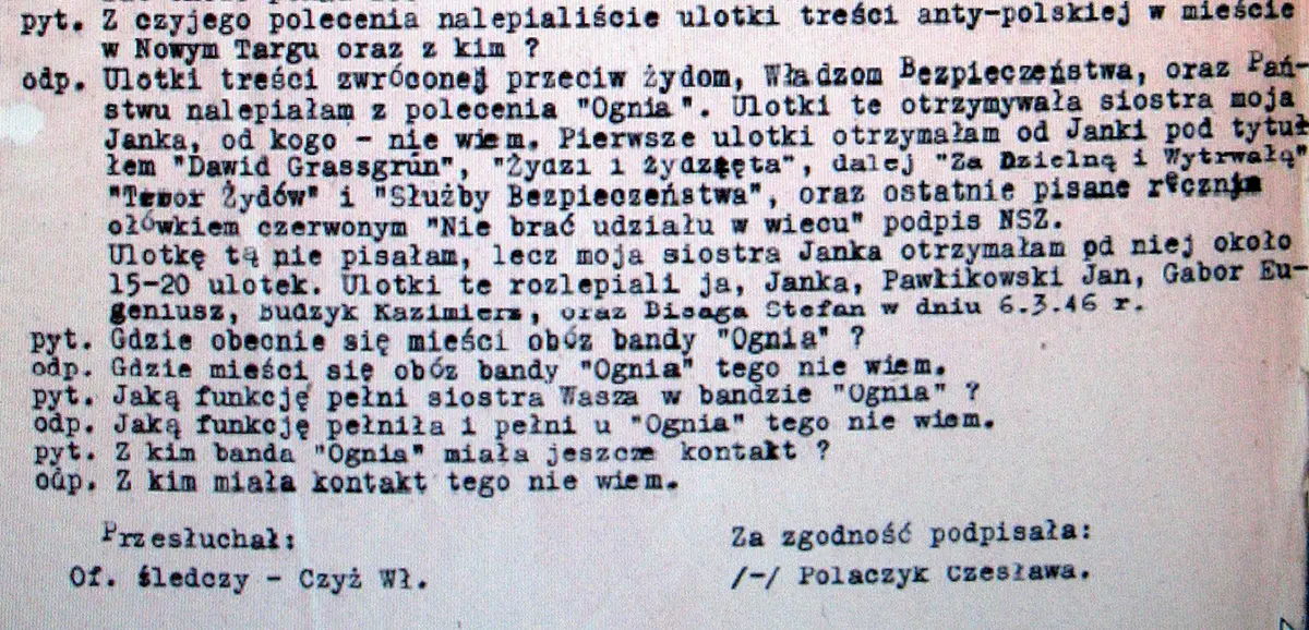 Zeznanie żony Józefa Kurasia "Ognia" - Czesławy Polaczyk