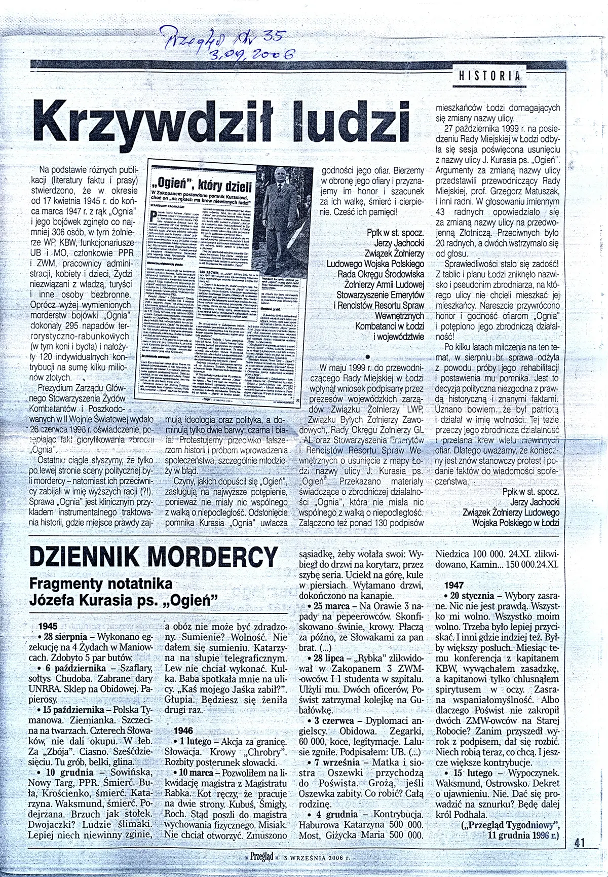 Artykuł Ppłk w st. spoczynku, Jerzego jachockiego na temat krzywd i morderst dokonywanych przez Józefa Kurasia "Ognia"