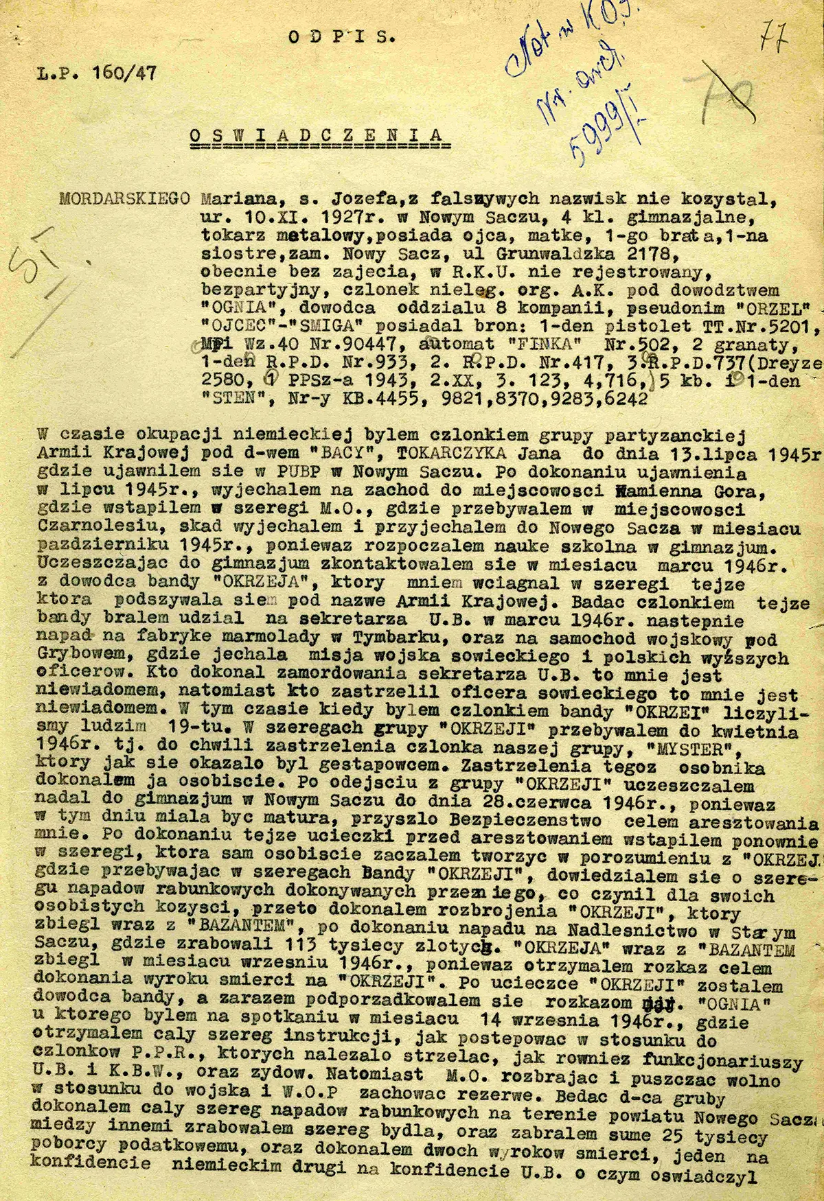 Oświadczenie Mariana Mordarskiego cz I IPN Kr 07 1869