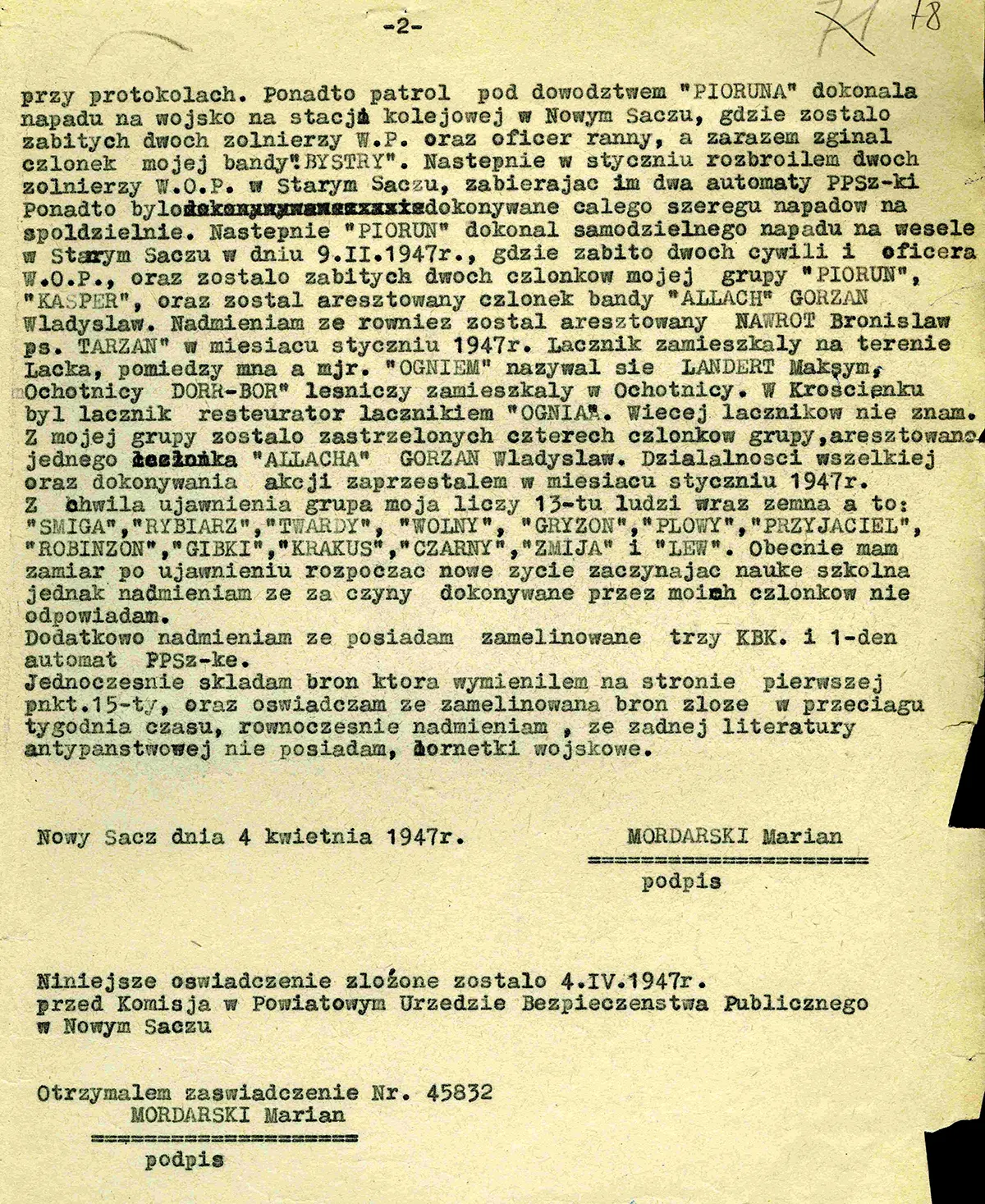 Oświadczenie Mariana Mordarskiego cz I IPN Kr 07 1869