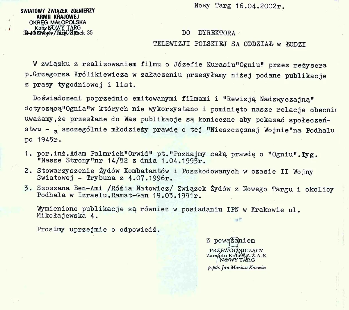 Pismo do dyrektora TVP w Łodzi