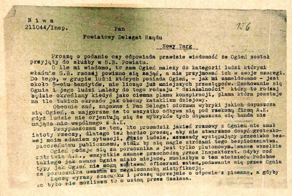 Pismo z 21 października 1944 r. Nagłówek „Niwa 211044/Insp." wskazuje kryptonim Inspektoratu AK Nowy Sącz i datę. Źródło: AP Kr, Zesp. 1 psp AK, t. 1, k. 156, oryginał, mps.