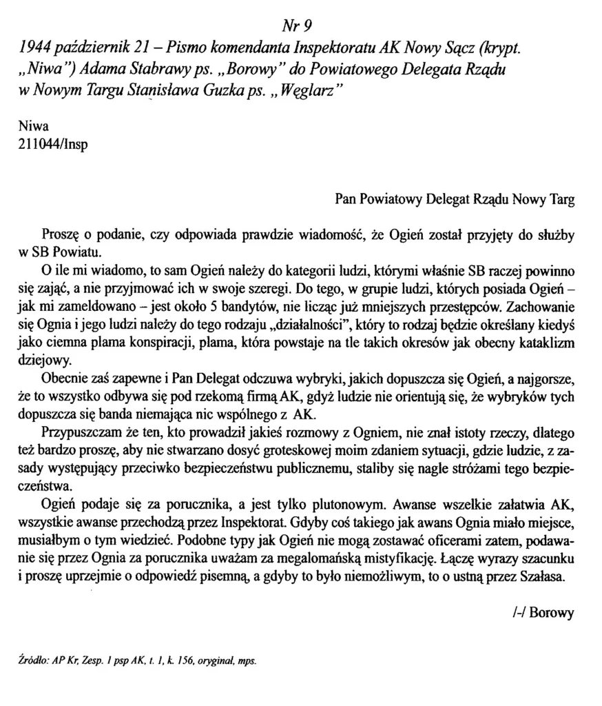To samo pismo w naukowej edycji źródeł, jako dokument nr 9. Wydawcy opisują je jako pismo komendanta Inspektoratu AK Nowy Sącz Adama Stabrawy „Borowego" do Powiatowego Delegata Rządu w Nowym Targu Stanisława Guzka „Węglarza".