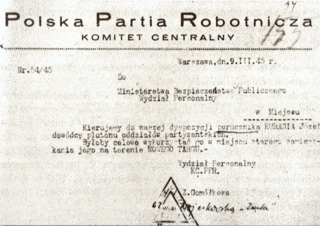Pismo Wydziału Personalnego KC Polskiej Partii Robotniczej nr 54/45 z 9 marca 1945 r. do Ministerstwa Bezpieczeństwa Publicznego, kierujące porucznika Józefa Kurasia do dyspozycji resortu, podpisane przez Zofię Gomółkową