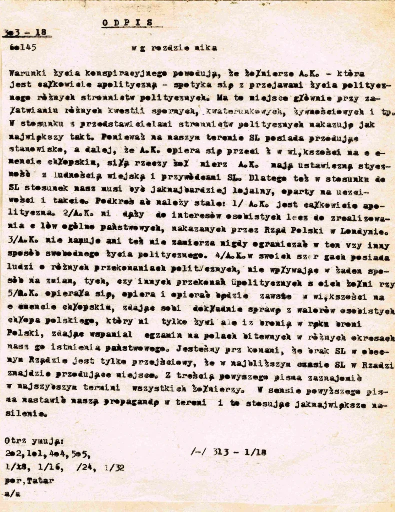 Okólnik z 6 stycznia 1945 r., rozesłany według rozdzielnika do dowódców batalionów i władz Inspektoratu. Odpis maszynowy, w nagłówku sygnatura kancelaryjna „303 – 18".
