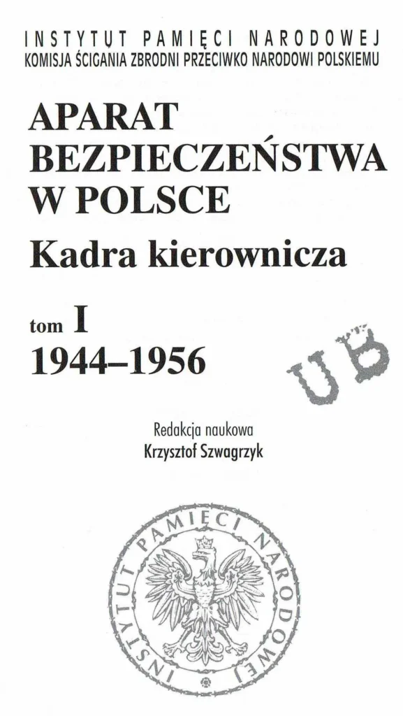 Okładka publikacji IPN „Aparat bezpieczeństwa w Polsce. Kadra kierownicza, tom I 1944–1956" pod redakcją naukową Krzysztofa Szwagrzyka