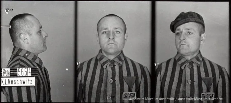 Obozowa fotografia rejestracyjna więźnia KL Auschwitz o numerze 5654 w trzech ujęciach: z profilu, en face i w czapce