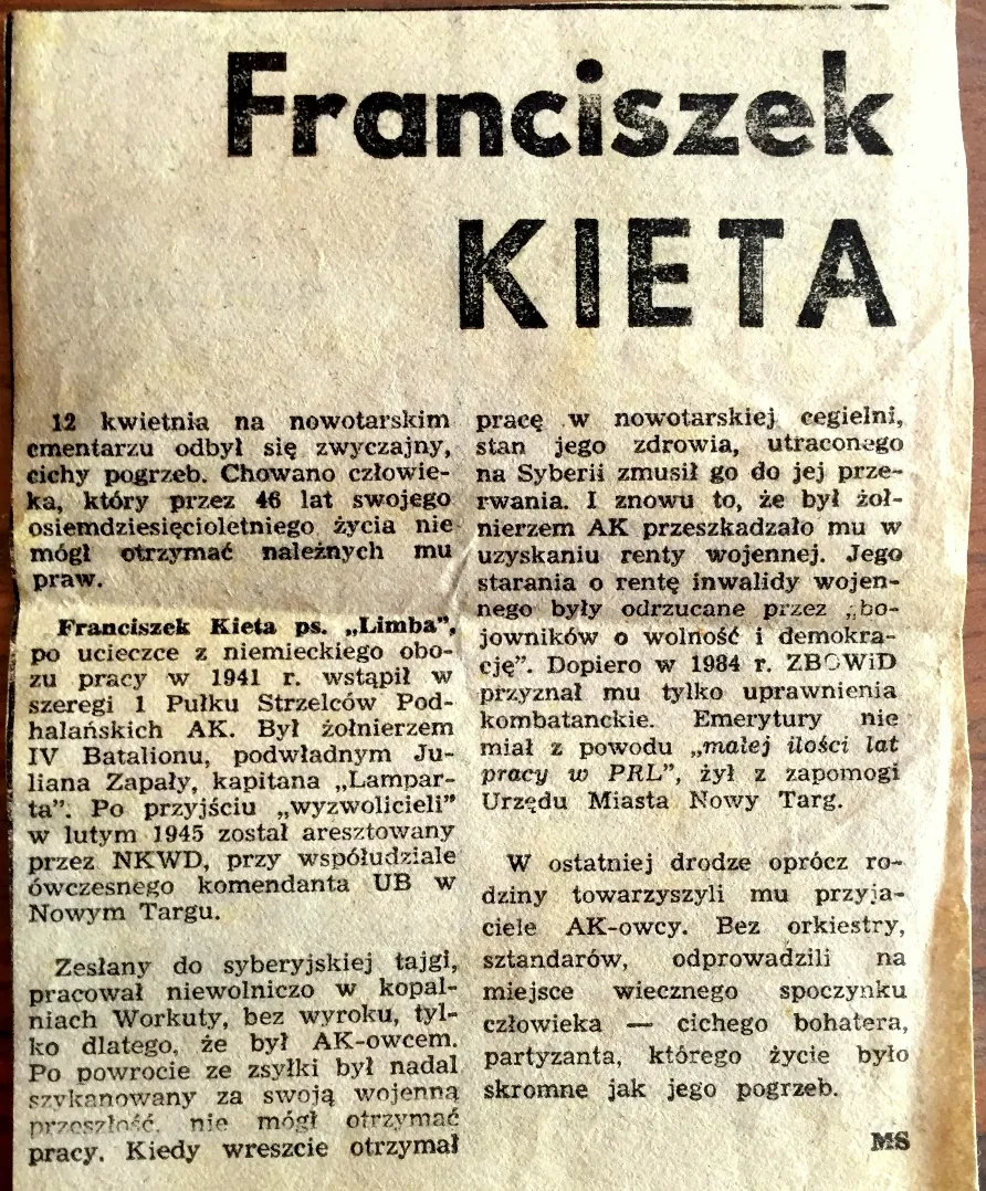 Wycinek prasowy zatytułowany „Franciszek Kieta” — wspomnienie pośmiertne o żołnierzu 1 PSP AK zesłanym na Syberię, podpisane inicjałami MS