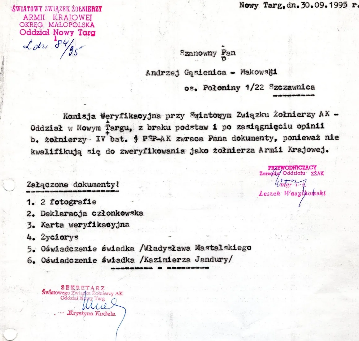 Pismo Światowego Związku Żołnierzy AK Oddział Nowy Targ z 30 września 1995 roku odmawiające weryfikacji Andrzeja Gąsienicy-Makowskiego jako żołnierza Armii Krajowej