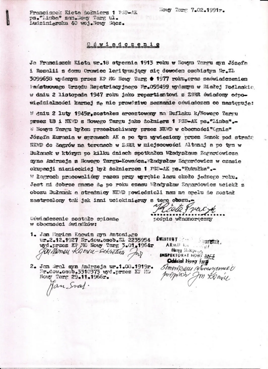 Maszynopis oświadczenia Franciszka Kiety z 7 lutego 1991 roku, spisanego w obecności świadków Jana Mariana Kacwina i Jana Srala, o aresztowaniu przez UB i NKWD oraz pobycie w łagrach