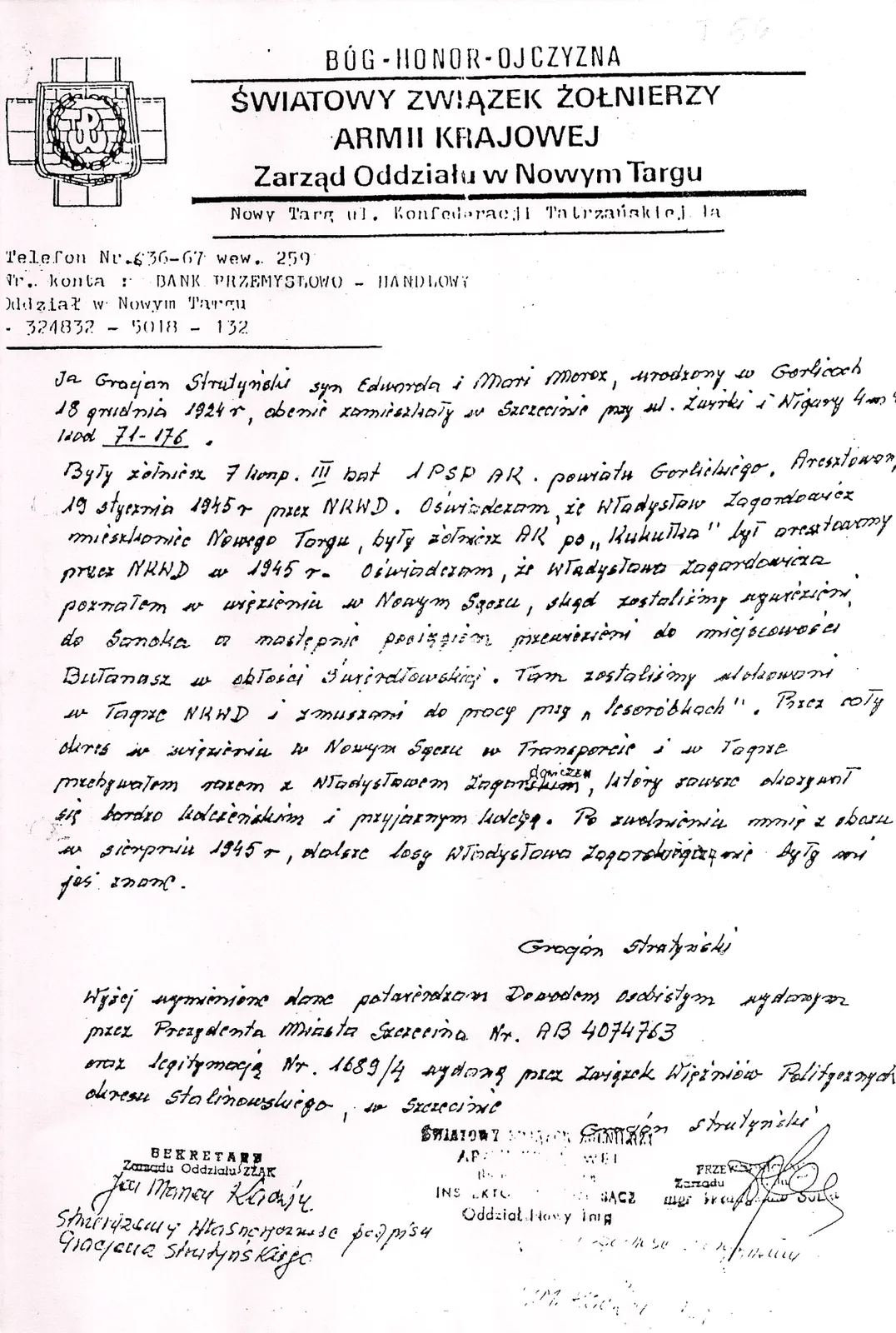 Rękopis oświadczenia Gracjana Stratyńskiego na papierze firmowym Światowego Związku Żołnierzy AK Oddział Nowy Targ, o wspólnym pobycie z Władysławem Zagardowiczem w łagrze NKWD w Bułanaszu