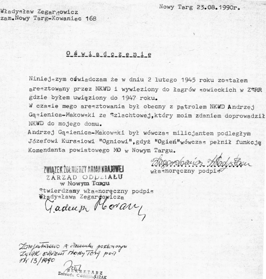 Maszynopis oświadczenia Władysława Zegardowicza z 23 sierpnia 1990 roku o aresztowaniu przez NKWD 2 lutego 1945 roku i obecności Andrzeja Gąsienicy-Makowskiego, z pieczęcią Związku Żołnierzy AK w Nowym Targu