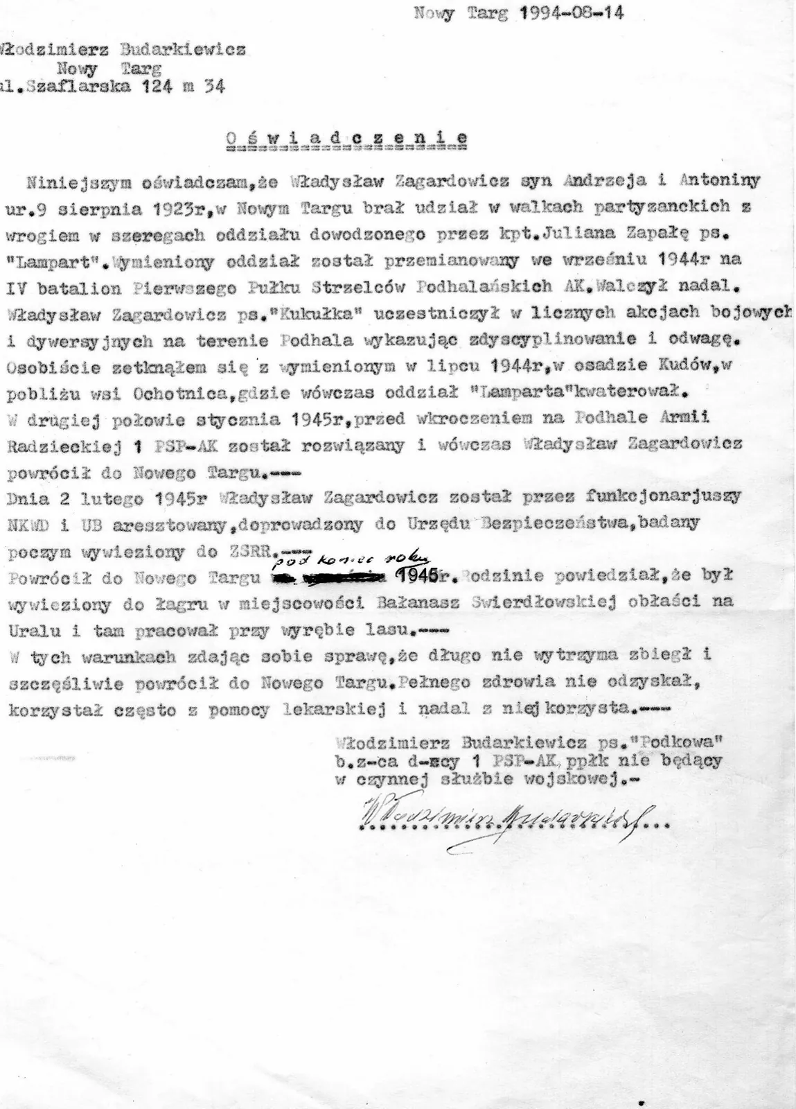 Maszynopis oświadczenia Włodzimierza Budarkiewicza „Podkowy” z 14 sierpnia 1994 roku o służbie partyzanckiej Władysława Zagardowicza i jego aresztowaniu 2 lutego 1945 roku
