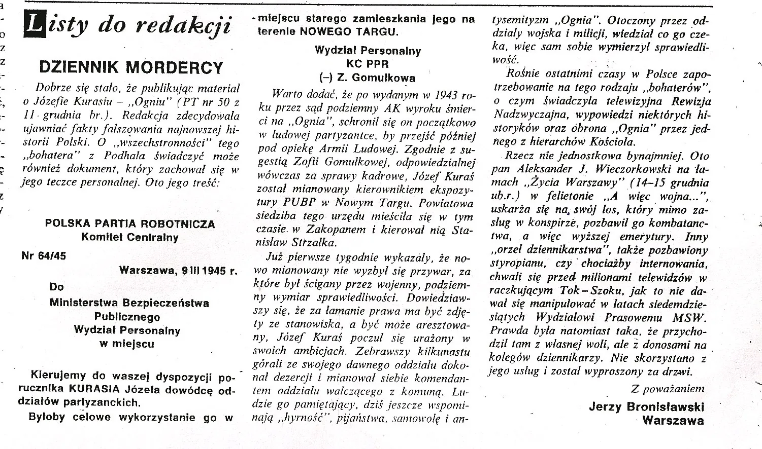 Wycinek prasowy z działu „Listy do redakcji” – list Jerzego Bronisławskiego „Dziennik mordercy” z odpisem pisma KC PPR kierującego porucznika Józefa Kurasia do Ministerstwa Bezpieczeństwa Publicznego