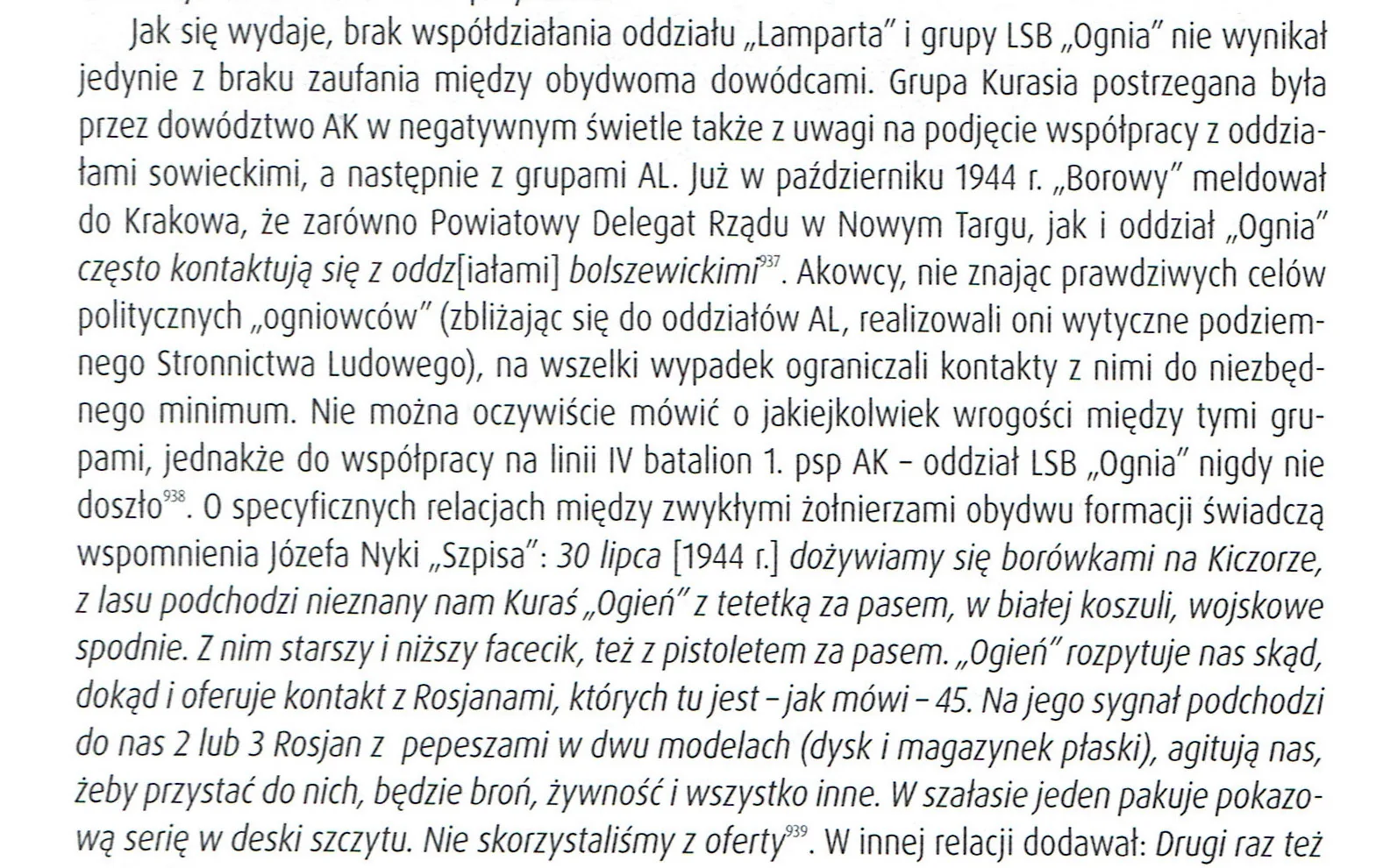 Strona 438 książki Dawida Golika „Partyzanci »Lamparta«” – o współpracy grupy „Ognia” z oddziałami sowieckimi i AL oraz wspomnienie Józefa Nyki „Szpisa” o agitacji akowców przez „Ognia” i Rosjan