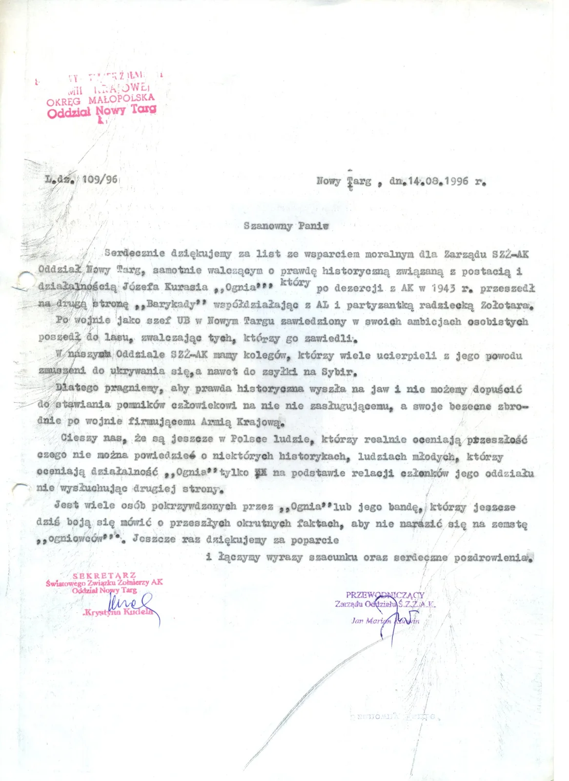 Pismo Zarządu Oddziału Światowego Związku Żołnierzy Armii Krajowej w Nowym Targu z 14 sierpnia 1996 r. o Józefie Kurasiu „Ogniu”, podpisane przez Krystynę Kudelę i Jana Mariana Kacwina